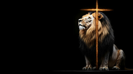 Powerful Lion With Golden Cross On Dark Background