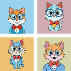 Set Of Four Cartoon Cats Wearing Glasses And Bow Ties Vector Illustration