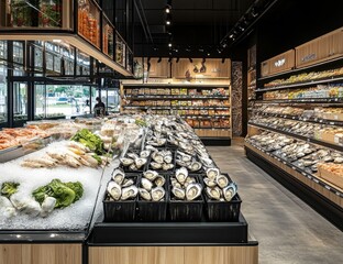 A modern grocery store with fresh seafood on display in a refrigerated case