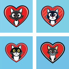 Collection Of Cute Black Cat Icons In Heart Frames On Light Blue Background