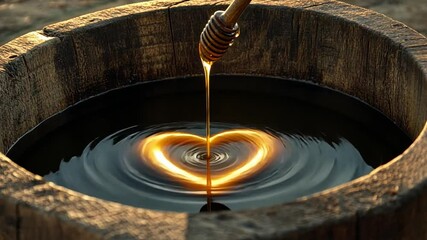 Golden Honey Dripping into Wooden Bowl, Natural Sweetener, Rustic Atmosphere, Culinary Delight, Healthy Ingredients