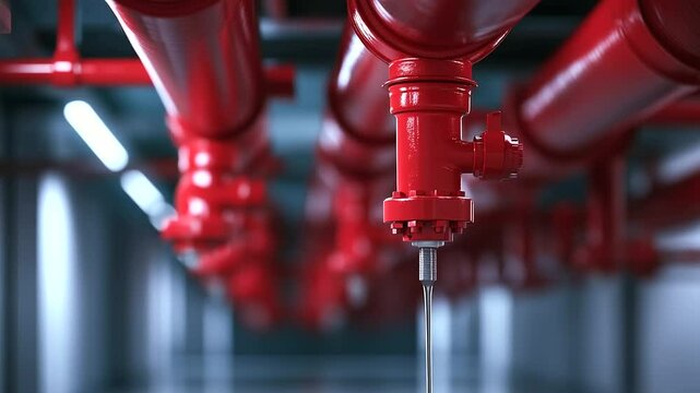 Detailed image of a red pipe network feeding into multiple fire sprinkler heads in a commercial ceiling. A behind-the-scenes look at fire suppression infrastructure.
