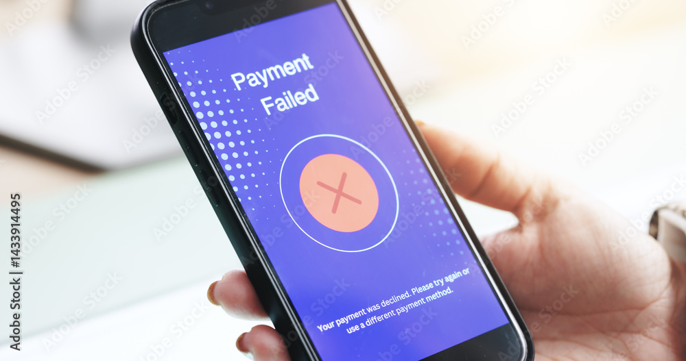 Aufkleber hand, payment failed and phone screen with employee closeup in office for ecommerce or transaction. 