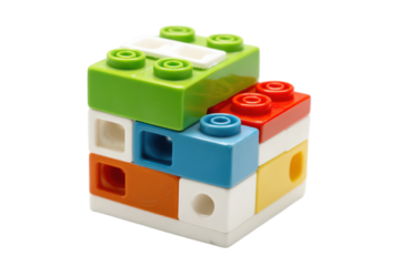 Colorful plastic construction blocks toy stacked cubes building game fun on transparent background