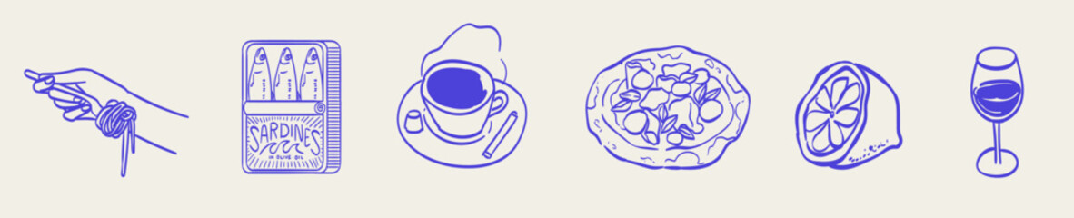 Summer Italy. Amalfi or Sicily dinner menu vector illustrations. Image of Italian Mediterranean food and wine, pizza, sardines can, lemon, coffee and pasta drawing for poster, placard or print.