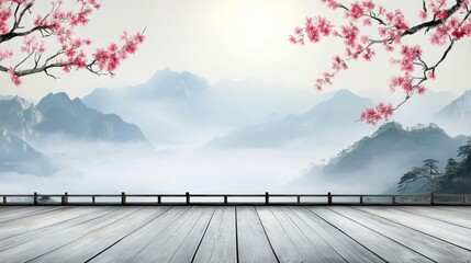 Misty Mountain View with Cherry Blossoms and Wooden Deck on wooden background
