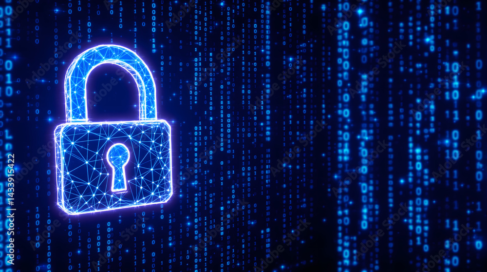 Poster digital security: a luminous padlock illuminates against a backdrop of binary code, creating an aura