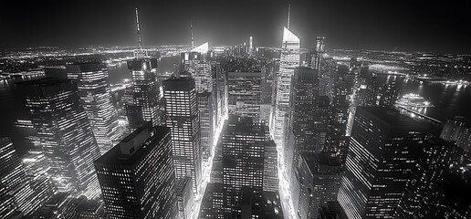New york city skyline at night black and white aerial view