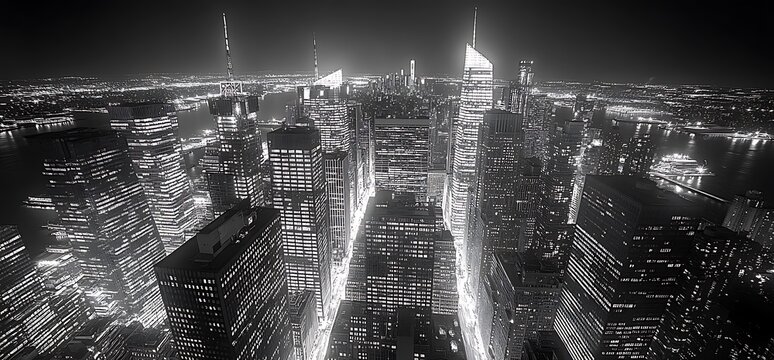 Fototapeta New york city skyline at night black and white aerial view