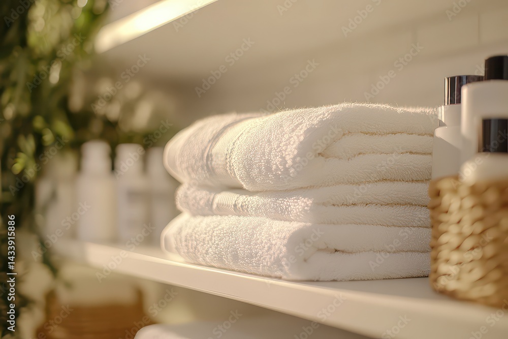 Poster neatly arranged white towels on a shelf in a serene bathroom setting with natural elements