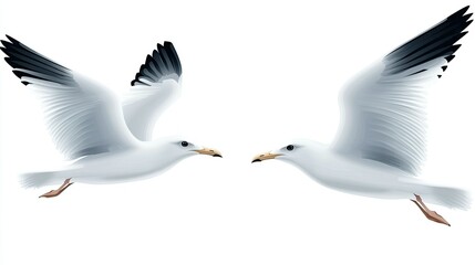 Fototapeta premium Seagulls soar through the sky in a simple vector illustration with a minimalist design focused on shapes and colors