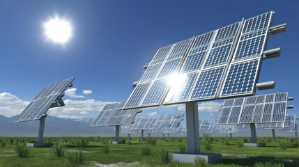 Solar panels in a vast green field under a bright blue sky, reflecting sunlight, showcasing renewable energy