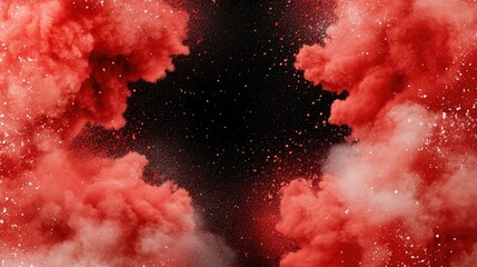 Floating red particles create a stunning visual effect in a dark atmosphere with grainy texture and glowing highlights