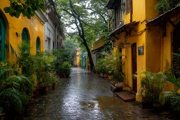 Photo sur Plexiglas Rainy day scene, narrow alleyway with yellow buildings, lush green plants, wet cobblestone street, creating a calm and tranquil atmosphere