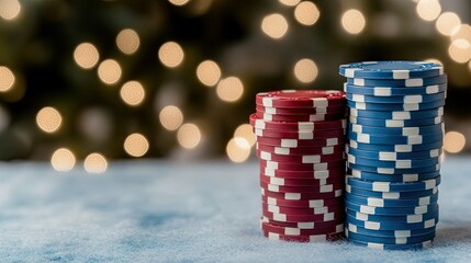 Colorful red and blue poker chips stacked on a vibrant blue background with a soft bokeh effect creating a festive atmosphere at a gaming event