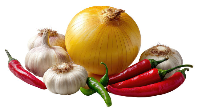 Culinary spice symphony: An eye-level shot of vibrant chili peppers, fragrant garlic bulbs, and a round onion, artfully arranged, invites the viewer into a world of culinary delights.