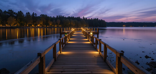 A serene illuminated lake dock, with its wooden structure and glowing lights reflecting in the calm waters. The surrounding trees and twilight hues enhance