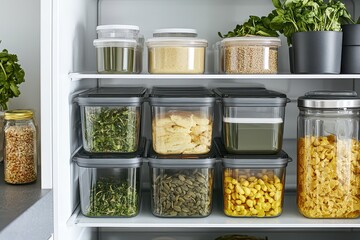 Organized refrigerator showcasing various food storage containers filled with ingredients