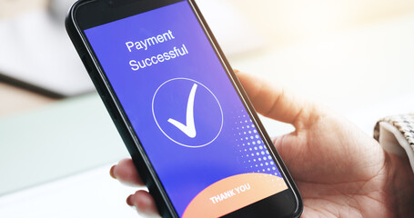 Hands, phone and payment on screen for business, ecommerce and check mark for approved transaction....