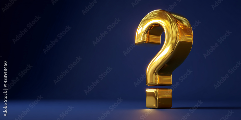 Poster golden question mark on dark blue background, symbolizing inquiry, uncertainty, or a need for answer