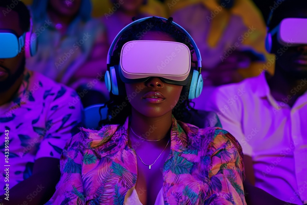 Poster an image of a futuristic setting with individuals using virtual reality headsets, created using adva