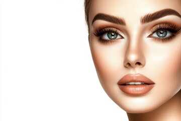 Fototapeta premium A close-up shot features the face of a youthful and attractive woman, showcasing her clear complexion and minimal makeup