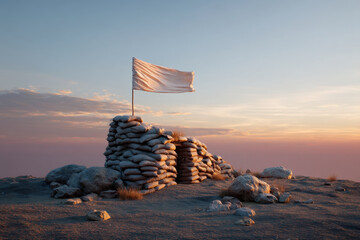A pile of sandbags sits atop a mountain, part of a fortification against erosion and landslides.