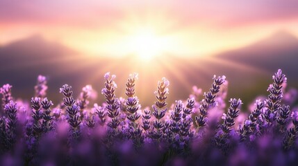 Naklejka premium Lavender blooms softly bask in the warm golden rays of the sunset that drape over the majestic mountain landscape, creating a truly serene and captivating natural setting