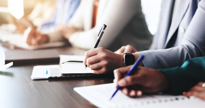 People, meeting and hands of accountant writing for finance management and budget review. Financial business, notes and profit report update for audit deadline, accounting and company spreadsheet