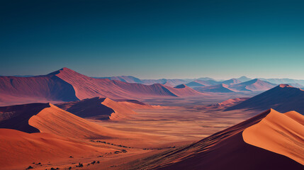 Namib Desert Panorama: A captivating vista of the Namib Desert unveils towering sand dunes under a pristine blue sky, with the warm sunlight painting the landscape in shades of orange and gold. 