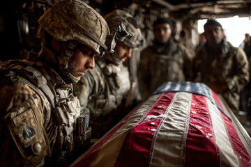 Soldier solemnly carries fallen comrade's casket in military funeral procession.