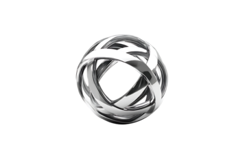 Wireframe geometric sphere with interwoven metallic structure on transparent background