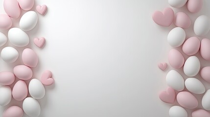 A delightful array of pastel-colored eggs and charming hearts forms a festive Easter background, providing plenty of space for text or creative designs