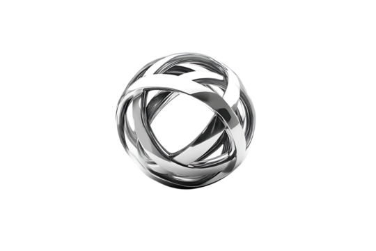 Wireframe geometric sphere with interwoven metallic structure on transparent background