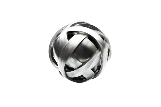 Wireframe geometric sphere with interwoven metallic structure on transparent background