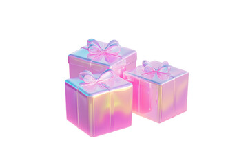 Three pink holographic gift boxes with bows on transparent background