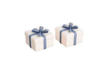 Two white gift boxes with blue ribbons on transparent background