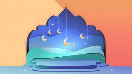 Refined 2D Minimalist Background in Deep Blue Hues Featuring Soft Light Effects Elegant Islamic Motifs Gold Accents Hanging Crescent Moons and Subtle Starry Details for a Warm and Spiritual Atmosphere