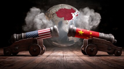 Global trade and tariff impacts. Two cannons, one with USA and one with China flags, face each other against a world map backdrop.