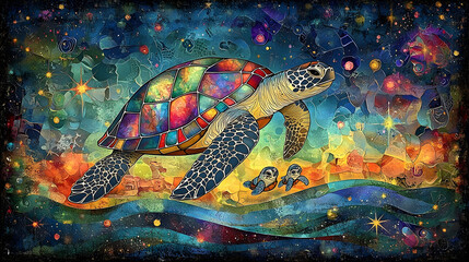 A colorful turtle is swimming in the ocean with two baby turtles following it