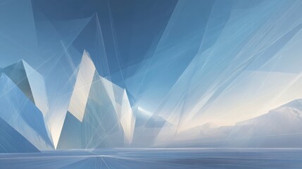 Abstract landscape illustration of geometric mountains with light lines, winter serenity concept. Perfect for backgrounds, presentations, and design projects.