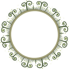 Circular border with schematic flowers and leaves. Illustration made with schematic lines on a white background creating a circular border.