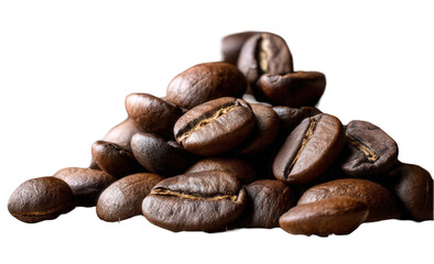 Roasted coffee beans close up dark brown aromatic pile food rich life on transparent background