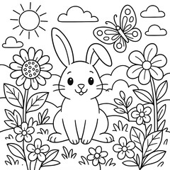 Cute Bunny in a Flower Garden Coloring Page