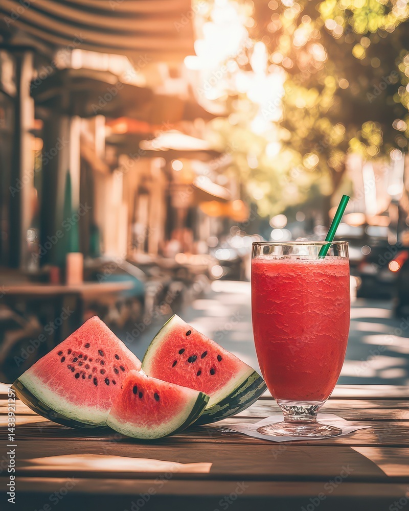 Poster refreshing watermelon slices and smoothie on a wooden table in a vibrant street caf? setting