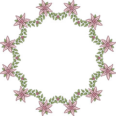 Circular garland with flowers and leaves. Illustration made with a garland of flowers and leaves on a white background creating a circular border.