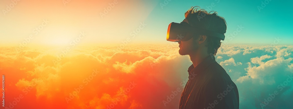 Poster a person wearing vr glasses or a goggle headset can have a remarkable and fun experience in a virtua