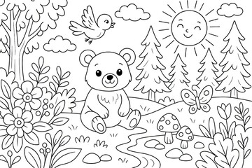 Fototapeta premium Cute Cartoon Bear in a Sunny Forest Illustration