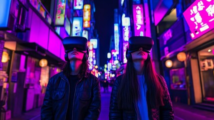 A Cyberpunk-style Virtual Reality world is entered by a couple in this futuristic portrait, where they wear VR headsets