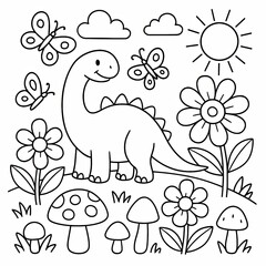 Fototapeta premium Cute Cartoon Dinosaur Coloring Page with Flowers and Butterflies